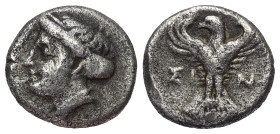 Paphlagonien. Sinope.

 Hemidrachme (Silber). Ca. 330 - 250 v. Chr.
Vs: Kopf der Sinope mit Sphendone links.
Rs: Adler nach oben fliegend, Kopf na...