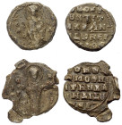 Byzantinische Siegel - Lots.


Lot (2 Stück, Blei): ca. 6. - 11. Jhdt. n. Chr. 
Vs.: Frontal stehender Heiliger mit Nimbus. Rs.: Mehrzeilige Insch...