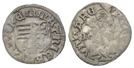 Ungarn. Matthias I. Corvinus (1458 - 1490).

 Denar (Silber). [1470]. Nagybánya / Baia Mare (Rumänien).
Vs: m mAThIE Rn VnGARE. Vierfeldiges Wappen...