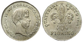 Italien. Toskana. Leopold II. (1824 - 1859).

 Fiorino da quattrini cento (Silber). 1856. Florenz.
Vs: Kopf rechts.
Rs: Wappen, Wertbezeichnung un...