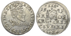 Polen. Riga - Stadt. Sigismund III. (1587 - 1621).

 Dreigröscher (Silber). 1591. Riga.
Vs: Gekrönter Kopf mit Harnisch- und Mühlsteinkragen nach r...