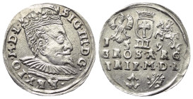 Polen. Riga - Stadt. Sigismund III. (1587 - 1621).

 Dreigröscher (Silber). 1596. Vilnius (Wilno).
Vs: Gekrönter Kopf mit Harnisch- und Mühlsteinkr...