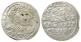 Polen. Riga - Stadt. Sigismund III. (1587 - 1621).

 Dreigröscher (Silber). 1598. Riga.
Vs: Gekrönter Kopf mit Harnisch- und Mühlsteinkragen nach r...