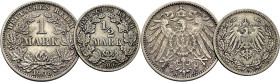 ALEMANIA. Guillermo II. Imperio. 1 marco. 1908D. 1/2 marco. 1906A. Lote de 2