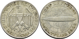 ALEMANIA. Weimar Rep. Zeppelin, vuelo intercontinental en 1929. 5 Reich marcos. EBC+/EBC-