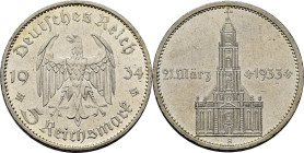 ALEMANIA. III Reich. Primer año de gobierno 21/3/1933. 5 Reich marcos. SC-. Llamativo resplandor