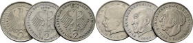 ALEMANIA Federal. Max Plank y C. Adehanhuer. 2 marcos. 1966G, 1969D…Lote de 3