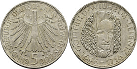 ALEMANIA Federal. G. W. Leibniz 1646-1716. 5 marcos. 1966D. SC-/SC. Atractiva
