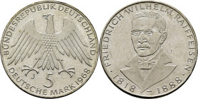 ALEMANIA Federal. F. W. Raiffeisen 1818-1888. 5 marcos. 1968J. SC. Buen ejemplar
