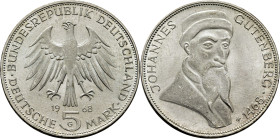 ALEMANIA Federal. Johannes Gutenberg 1468. 5 marcos. 1968G. SC+/SC. Estupenda