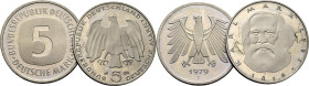 ALEMANIA Federal. K. Marx y Águila. 5 marcos. 1983 y 1979J. PROOF FDC. Magníficas. Lote de 2