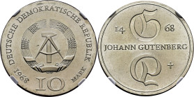 ALEMANIA del Este. Johann Gutenberg 1468. 10 marcos. 1968. MS64. SC+. Magnfícia. Muy escasa