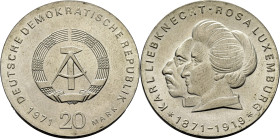 ALEMANIA del Este. Karl Liebknecht y Rosa Luxemburg 1871-1919. 20 marcos. FDC. Magnífica