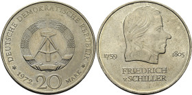 ALEMANIA del Este. Friedrich Schiller 1759-1805. 20 marcos. 1972. SC+/SC. Muy buen ejemplar