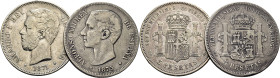 AMADEO I y ALFONSO XII. 5 pesetas. 1871*18-74 y 1875*X-75 …Lote de 2