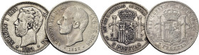 AMADEO I y ALFONSO XII. 5 pesetas. 1871*18-71 y 1885*18-85. SDM y MSM… Lote de 2