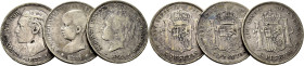 ALFONSO XII. 5 pesetas. 1877*xx. DEM. ALFONSO XIII. 5 pesetas. 1888*xx… Lote de 3