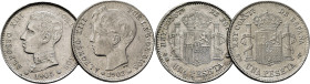 ALFONSO XIII. 1 peseta. 1902*19-02 y 1904*19-04. SMV. Falsas de época. Lote de 2