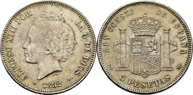 ALFONSO XIII. 5 pesetas. 1892*18-92. PGM. Escarolero. Casi EBC+