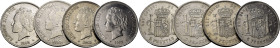 ALFONSO XIII. 5 pesetas. 1892*18-92 apenas visible la segunda, 1893… Lote de 4