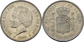 ALFONSO XIII. 5 pesetas. 1894*18-94. PGV. Mejor que EBC+. Bella