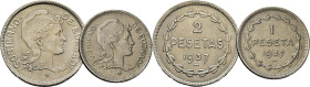 II REPÚBLICA. Gobierno de Euzkadi. 1 y 2 pesetas. 1937. EBC… Lote de 2
