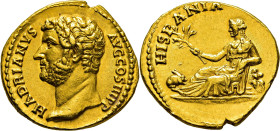 ADRIANO. Áureo. (134-138 d.C.). HISPANIA. BC/EBC+. Muy buen ejemplar. Rara