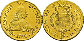 FERNANDO VI. Santiago. 8 escudos. 1750. J. SC o algo mejor. Muy buen ejemplar. Rara