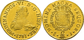 FERNANDO VI. Santiago. 8 escudos. 1751. J. Prácticamente SC. Muy buen ejemplar. Escasa