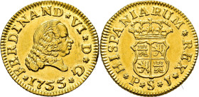 FERNANDO VI. Sevilla. 1/2 escudo. 1755. PJ. EBC+ o algo mejor. Buen ejemplar