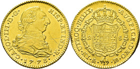 CARLOS III. Madrid. 2 escudos. 1773 de gran tamaño el último dígito. PJ. EBC. Atractivo reverso
