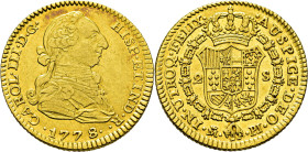 CARLOS III. Madrid. 2 escudos. 1778 sobre 7. PJ. Casi EBC/EBC+. Estupendo reverso. Atractiva. Interesante