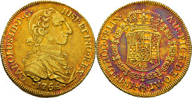 CARLOS III. Nuevo Reino. 8 escudos. 1764. JV. Prácticamente EBC-. Llamativo intenso tono. Primer año. Rara