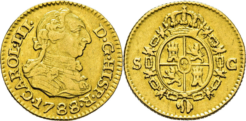 CARLOS III. Sevilla. 1/2 escudo. 1788. C. Cy12204. 1´74 g. Casi MBC+, algunos re...