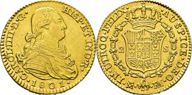 CARLOS IV. Madrid. 2 escudos. 1801. FA sobre MF. MBC+/EBC. Atractiva