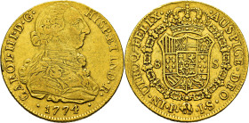 CARLOS IV. Popayán. 8 escudos. 1774. JS. Punto entre J·S