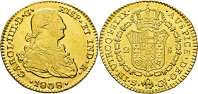 CARLOS IV. Sevilla. 2 escudos. 1808 sobre 8. Mejor que EBC-/EBC. Buen ejemplar