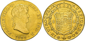 FERNANDO VII. Madrid. 8 escudos. 1820 sobre 1?. EBC/EBC+. Interesante