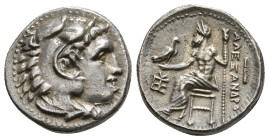 KINGS OF MACEDON. Alexander III 'the Great' (336-323 BC). Drachm. Sardes.
Obv: Head of Herakles right, wearing lion skin.
Rev: AΛEΞANΔPOY.
Zeus seated...