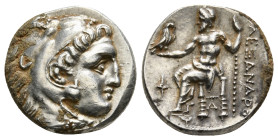 KINGS OF MACEDON. Alexander III 'the Great' (336-323 BC). Drachm. 
Obv: Head of Herakles right, wearing lion skin.
Rev: AΛΕΞΑΝΔΡΟΥ.
Zeus seated left o...