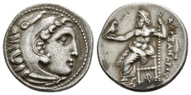 KINGS OF MACEDON. Alexander III 'the Great' (336-323 BC). Drachm. Kolophon.
Obv: Head of Herakles right, wearing lion skin.
Rev: AΛEΞANΔPOY.
Zeus seat...