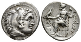 KINGS OF MACEDON. Alexander III 'the Great' (336-323 BC). Drachm. Kolophon.
Obv: Head of Herakles right, wearing lion skin.
Rev: AΛEΞANΔPOY.
Zeus seat...