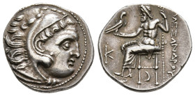 KINGS OF MACEDON. Alexander III 'the Great' (336-323 BC). Drachm. Kolophon.
Obv: Head of Herakles right, wearing lion skin.
Rev: AΛΕΞΑΝΔΡΟΥ.
Zeus seat...
