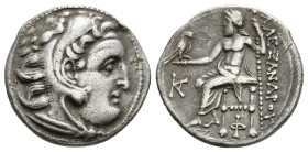 KINGS OF MACEDON. Alexander III 'the Great' (336-323 BC). Drachm. Kolophon.
Obv: Head of Herakles right, wearing lion skin.
Rev: AΛΕΞΑΝΔΡΟΥ.
Zeus seat...