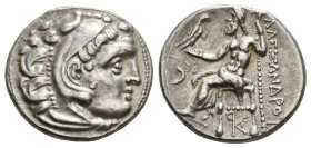 KINGS OF MACEDON. Alexander III 'the Great' (336-323 BC). Drachm. Kolophon.
Obv: Head of Herakles right, wearing lion skin.
Rev: AΛΕΞΑΝΔΡΟΥ.
Zeus seat...