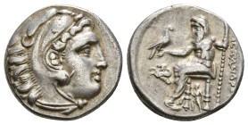 KINGS OF MACEDON. Alexander III 'the Great' (336-323 BC). Drachm. Lampsakos.
Obv: Head of Herakles right, wearing lion skin.
Rev: AΛΕΞΑΝΔΡΟΥ.
Zeus sea...