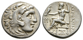 KINGS OF MACEDON. Alexander III 'the Great' (336-323 BC). Drachm.
Obv: Head of Herakles right, wearing lion skin.
Rev: AΛΕΞΑΝΔΡΟΥ.
Zeus seated left wi...