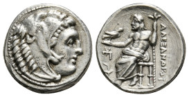 KINGS OF MACEDON. Alexander III 'the Great' (336-323 BC). Drachm.
Obv: Head of Herakles right, wearing lion skin.
Rev: AΛΕΞΑΝΔΡΟΥ.
Zeus seated left wi...