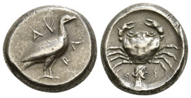 SICILY. Akragas. Didrachm (Circa 480/78-470 BC).
Obv: AK / RA.
Sea eagle standing right.
Rev: CAΣ.
Crab; below, head of nymph right; all within incuse...