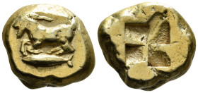 MYSIA. Kyzikos. (Circa 550-450 BC). EL Stater.
Obv: Goat kneeling left on tunny left.
Rev: Quadripartite incuse square. 16,04 g - 19,99 mm Very Fine